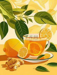 加冰柠檬茶插画图片_柠檬生姜茶养生茶插画
