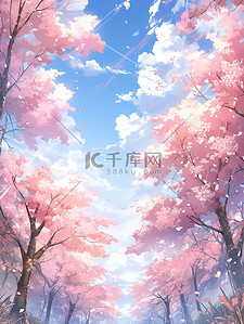 春天蓝天下樱花树插画图片
