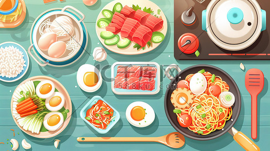 肉类的烹调插画图片_美食火锅材料蔬菜肉类素材