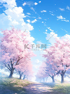春天蓝天下樱花树插画图片