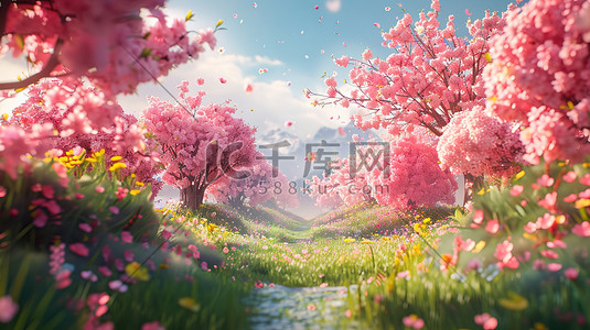 春天樱花3d插画图片_可爱的春天主题3D景观插画素材
