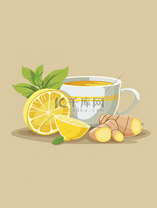 水果茶柠檬插画图片_柠檬生姜茶养生茶插画图片