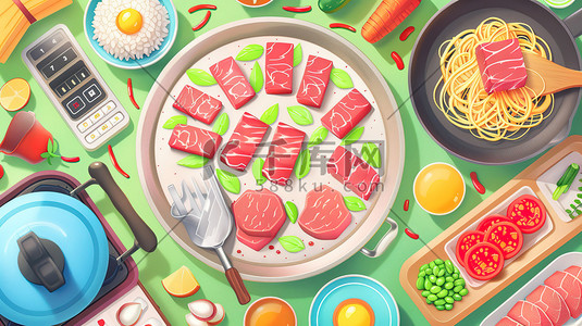 材料插画图片_美食火锅材料蔬菜肉类插画图片