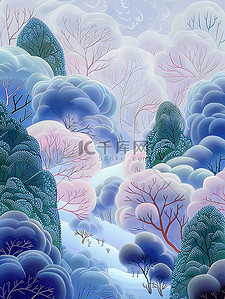 雾插画图片_绿雾与蓝重叠梦幻森林插画图片