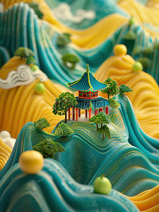 浮雕效果插画图片_山和丘陵绿色黄色中国风中式立体浮雕插画