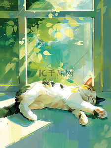 小猫插画图片_慵懒的小猫在窗台上睡觉插画设计