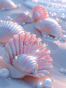 珍珠贝壳插画图片_粉红色的贝壳珍珠沙滩海水插图