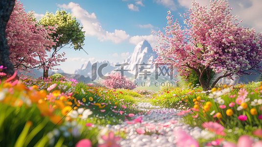 可爱的春天主题3D景观插画海报
