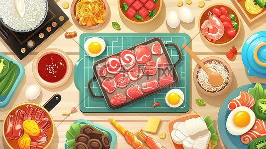 材料插画图片_美食火锅材料蔬菜肉类插图