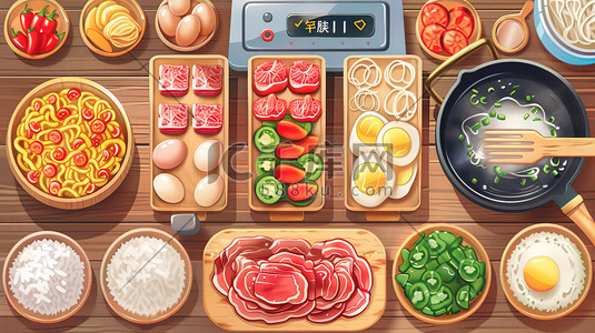 复合材料导热插画图片_美食火锅材料蔬菜肉类插画海报