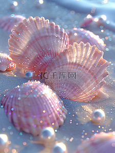 珍珠贝壳插画图片_粉红色的贝壳珍珠沙滩海水素材