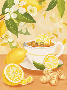 加冰柠檬茶插画图片_柠檬生姜茶养生茶插画设计