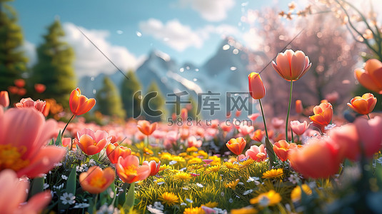 可爱的春天主题3D景观矢量插画