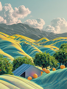 浮雕边框插画图片_中式立体浮雕丘陵绿色黄色中国风插画