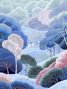 绿雾与蓝重叠梦幻森林矢量插画