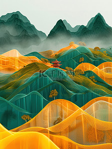 山和丘陵绿色黄色中式立体浮雕中国风插画