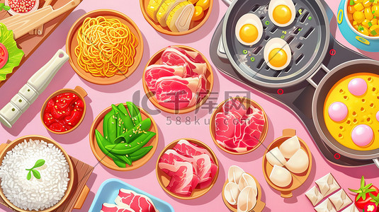 佐证材料插画图片_美食火锅材料蔬菜肉类原创插画