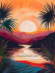 图书馆挂画插画图片_植物自然景观日落彩色原创插画