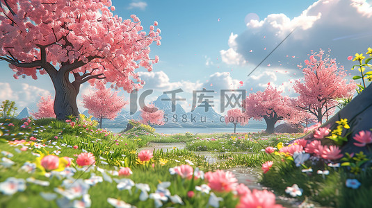 春天樱花3d插画图片_可爱的春天主题3D景观插画设计
