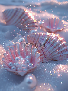 珍珠佩戴插画图片_粉红色的贝壳珍珠沙滩海水插画图片