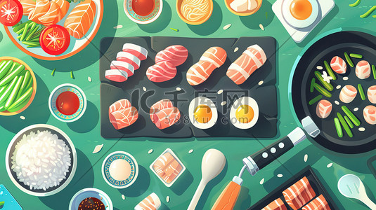 药茶材料插画图片_美食火锅材料蔬菜肉类插画设计