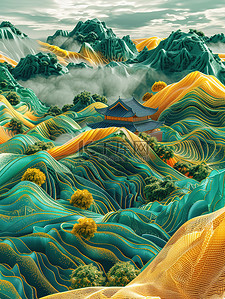浮雕效果插画图片_中式立体浮雕山和丘陵绿色黄色中国风插画