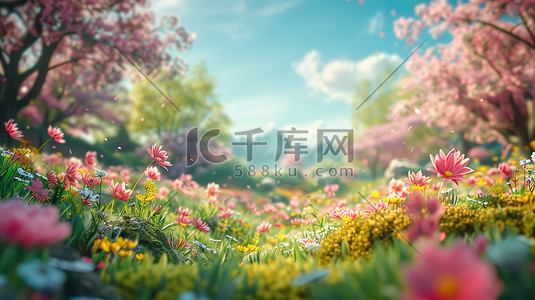 春天樱花3d插画图片_可爱的春天主题3D景观素材