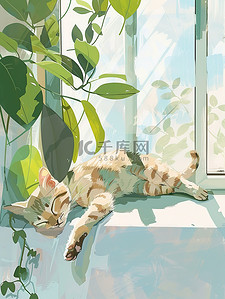 上床睡觉男孩卡通插画图片_慵懒的小猫在窗台上睡觉插图