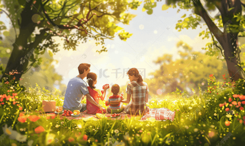 野餐人物插画图片_一家人欢乐地外出野餐