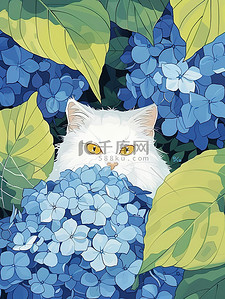 藏在绣球花里的白猫插画海报