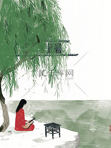 绿色的柳树插画图片_绿色的柳树年轻女子坐在河边插图