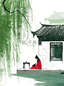 河边柳树插画图片_绿色的柳树年轻女子坐在河边插画素材