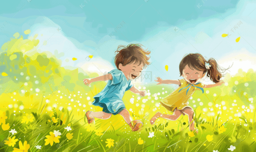 跳插画图片_在草地上玩耍的孩子们