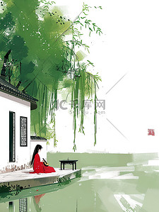 绿色的柳树插画图片_绿色的柳树年轻女子坐在河边插画
