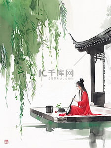 绿色的柳树插画图片_绿色的柳树年轻女子坐在河边原创插画