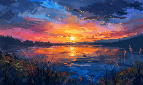 滇池夕阳晚霞涂抹插画风格