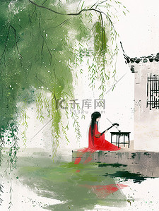 坐在河边插画图片_绿色的柳树年轻女子坐在河边插画