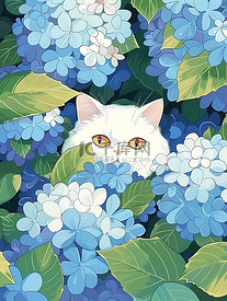 藏在绣球花里的白猫素材