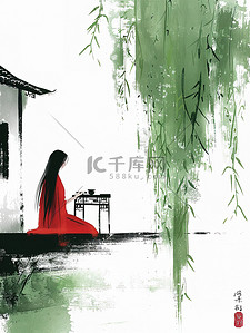 绿色的柳树插画图片_绿色的柳树年轻女子坐在河边插画素材