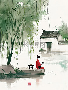 河边柳树插画图片_绿色的柳树年轻女子坐在河边插图