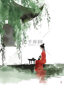 绿色的柳树年轻女子坐在河边插画素材