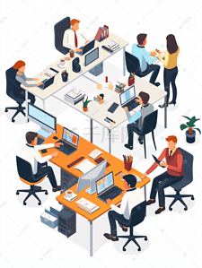 商务人士女士插画图片_办公室内整个团队在合作分工努力工作
