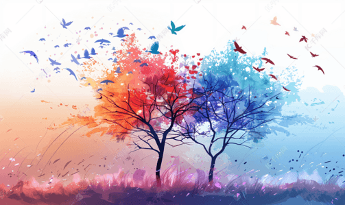 纯色背景小清新插画图片_意境中的树与飞鸟