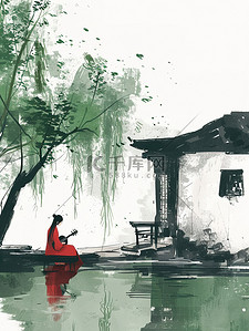 绿色的柳树年轻女子坐在河边插画海报