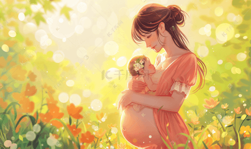 农村包婴儿的插画图片_孕妇妈妈呵护婴儿
