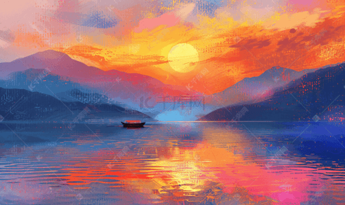 湿地简约插画图片_滇池夕阳晚霞涂抹插画风格