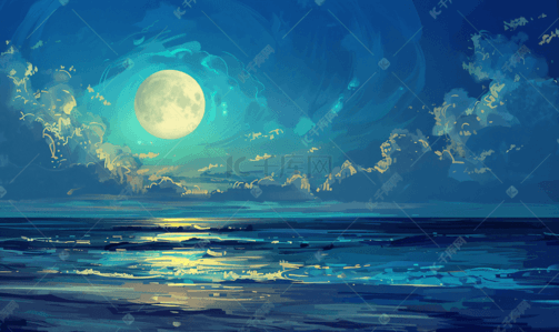 海面蓝色背景插画图片_海边宁静的明月