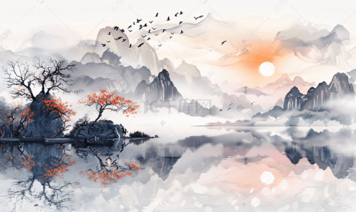 远山水墨风景插画图片_水墨中国风的山水田园风光