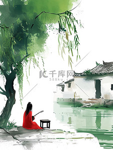 坐在河边插画图片_绿色的柳树年轻女子坐在河边插画素材