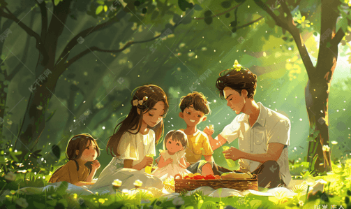 一家人欢乐地外出野餐